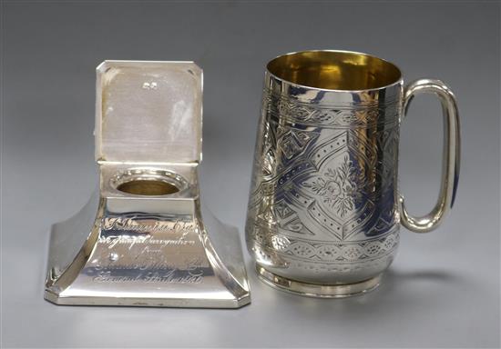 A Victorian provincial silver christening mug, Josiah Williams & Co, Exeter, 1879 and a silver inkwell.